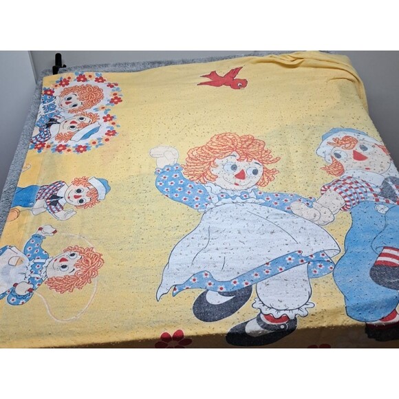 Rare Vintage Raggedy Ann & Andy Yellow Blanket Cover Bobbs Merrill Waffle Weave - Picture 4 of 8